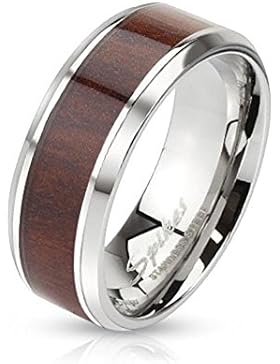 Paula & Fritz® Ring aus Edelstahl Chirurgenstahl 316L silber 6 oder 8mm breit Holz Inlay und abgerundeten Kanten...