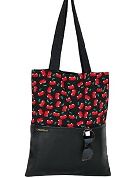 Shopper / Jeansstoff / Rockabilly / Kirsch / Tote Bag / Einkaufstasche / Umhängetasche / schwarz / Kunstleder