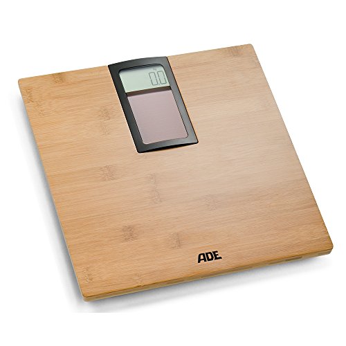 ADE Digitale Personenwaage BE 1205 Inga. Solarbetriebene elektronische Badezimmerwaage ohne Batterie mit Wiegefläche aus echtem Bambus. Zur präzisen Gewichtsbestimmung. Mit großem LCD-Display. Braun