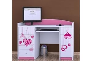 ‎HAPPY BABIES Happy Babies Office Table with Keyboard Shelf Children's Desk 125 x 89 x 60 cm PC Desk Girls with Keyboard Shelf White Pink Computer Desk Pattern Hearts