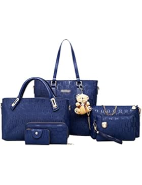 Dexinx Damen Leder Handtasche mit Bär Anhänger Elegant Umhängetasche Exquisit Brieftasche Ein Satz von 6 Stücken