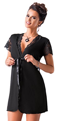 Preisvergleich Produktbild Donna Edler Viskose-Mantel Bademantel mit subtilen Spitzenverzierungen, Taschen und Bindegürtel in toller Geschenkbox (XXL (44), Kurzarm Schwarz)