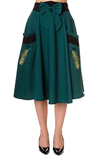 Banned Peacock Vintage Tea Length Skirt - Black o - Green / UK 10 / US 6 / EU 36