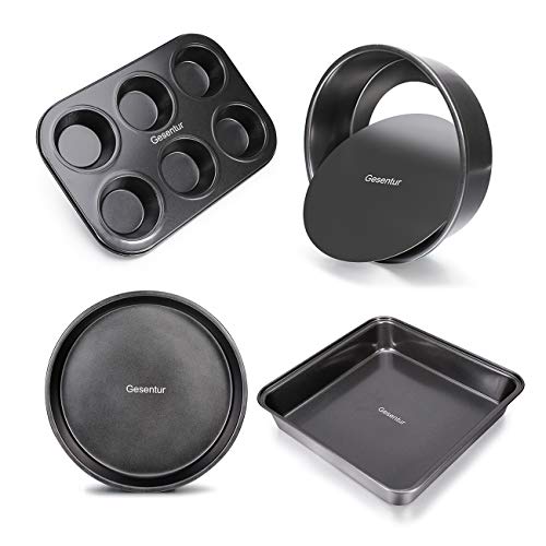 Gesentur Juego de 4 Piezas, Molde para Hornear Redondo, Molde Cuadrado, Molde para Muffins y Muffins, con Revestimiento de cerámica Antiadherente Reforzado