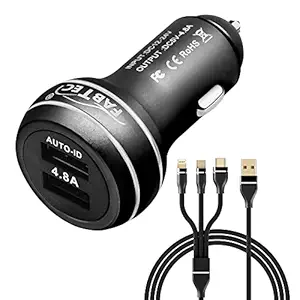 Fabtec Dual Port Smart & Rapid Charging Car Mobile/Tablet Charger with 3 in 1 USB Nylon Braided USB Charging Cable for Android, Lightning & Type C Phones (4.8A-Black)