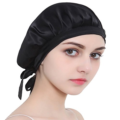 Natürliche Seide Schlaf Nacht Cap Kopf Abdeckung Haube für Haar Schönheit Hut (Schwarz)