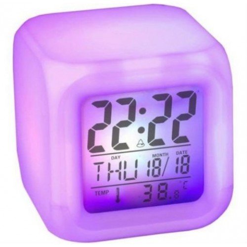 Flipco Glowing Cube LED 7 Color Changing Digital Alarm Clock - with Temperature + Day + Month + Date + Time + Alarm - Voted Best Gift Item