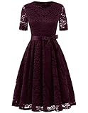 DRESSTELLS Elegant Damen Hochzeit Cocktail Spitzenkleid Rundhalsausschnitt Kurzarm Abendkleid Burgundy 3XL