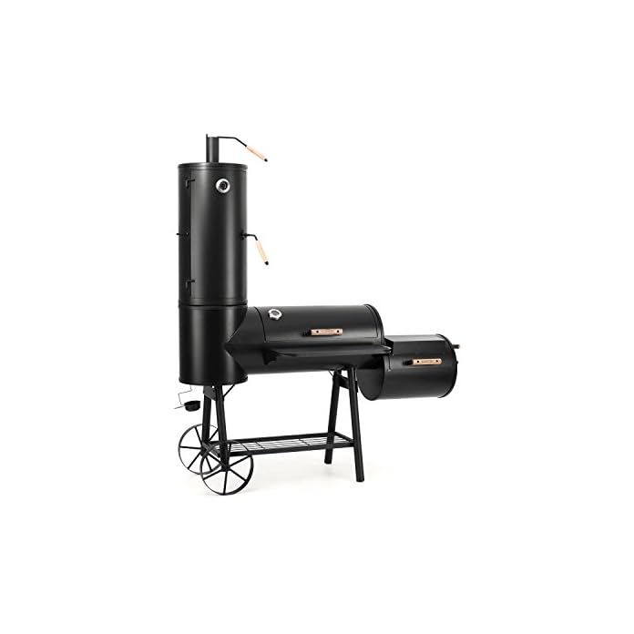 Klarstein Monstertruck Smoker Holzkohlegrill Bbq Ofen 2 Brennkammern 2 Thermometer Rucherturm Holzgriffe Ablage 4 Ebenen Lauffangschale Ascherost Stahl 2 Rder Schwarz