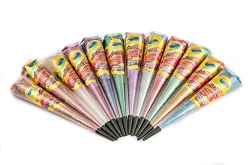 Golecha Instant Multi Color Glitter Gel Cone Tattoo Body Art ( Mehandi ) 12 Pcs