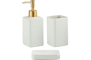FülleMore Badezimmer Set,3 Teiliges Bad-Zubehör-Set Keramik Badaccessoires Set Badausstattung Set,Seifenspender Zahnputzbecher/Zahnbürstenhalter Seifenschale (Weiß)