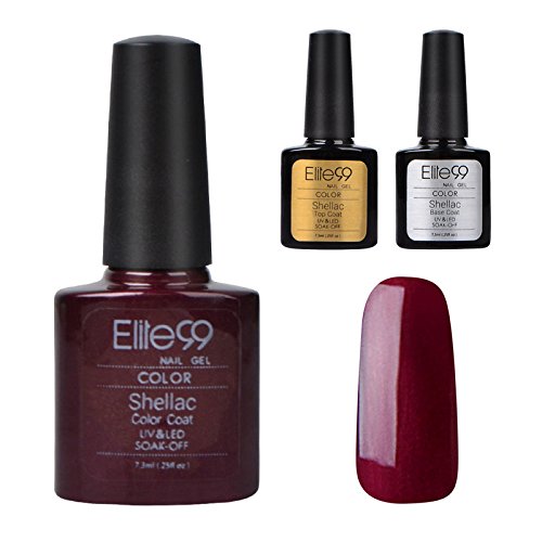 Elite99 Shellac UV LED Gel auflösbarer Nagellack 7.3ml Rot Lila-rot +Base Coat+ Top Coat , Nagelgel Farbgel Farblack (3 x 7.3ml)