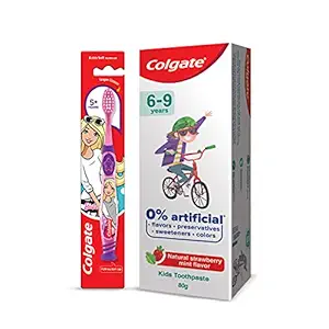 Colgate Kids Cavity Protection Toothpaste for 6-9 Years, 80g, Natural Strawberry Mint Flavour, 0% Artificial, with Colgate Barbie Extra Soft bristles Toothbrush (5+ years)