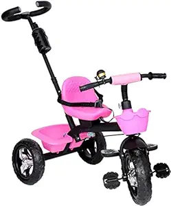 Baby Smile Small Kids Cycle Toys Baby Tricycle with Parental Push Handle, Toys for Kids Smart Plug & Rubber Wheels Trikes for 1.5 Years to 5 Years Kids, Pink