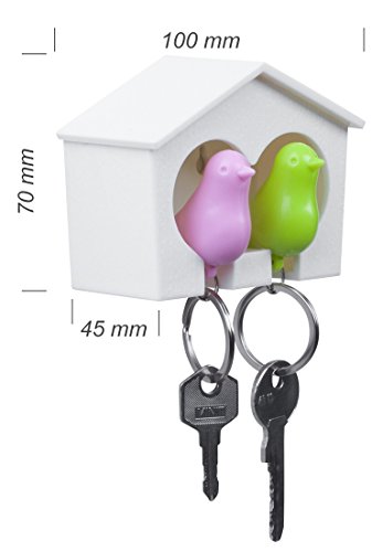 VENKON – Schlüsselkasten mit 2 Schlüsselanhängern: Vögel in grün und rosa mit Schlüsselringen im Vogelhäuschen – weiß - 3