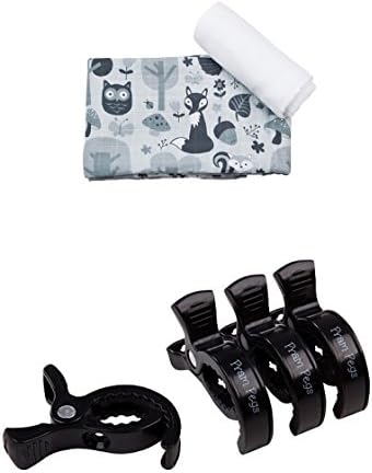 Little Rosa XL Premium Muslin Swaddles x 2 - White &amp; Woodland with Pram Pegs Black x 4. Attach to Pram/Buggy Quickly Securely