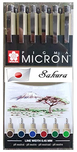 Sakura Pigma Micron Portamina 05- Conjunto De 6 Colores ,Colores, Verde Fresco, Azul Real, Borgoña, Verde Cazador, Azul / Negro, Sepia