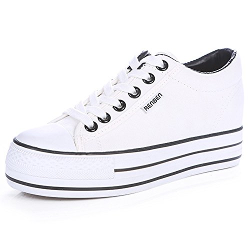 Renben Ragazze Donna Classico Piattaforma Tacco Basso a Zeppa Tela Scarpe da Ginnastica Moda Allacciare Espadrille Scarpe Bianca 3719 EU37