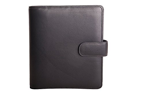 ANDERS Organizador archivador de 4 anillas universal carpeta Conferencia agenda tamaño A5, soporte para documentos tarjetero color negro de piel auténtica