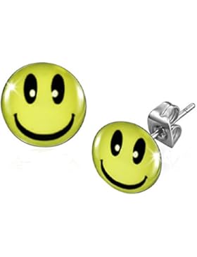 bkwear 2 Stück XL OS 127 Ohrstecker Edelstahl Smiley Acryl Gelb Lachgesicht 10 mm