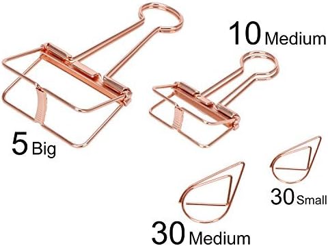 CRUODA 15 Pcs Binder Clips and 60 Pcs Paper Clips, Assorted Size Rose Gold Clips