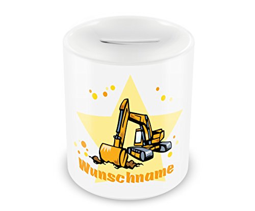 Kinder Spardose mit Namen und Bagger als Motiv für Kinder - Jungen und Mädchen Sparschwein H:95mm/D:82mm Nr.50: weiß