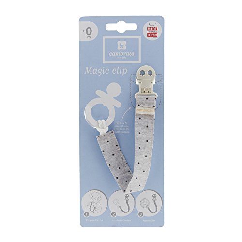 Cambrass 38545 Schnullerkette mit Clip aus Stoff, 2 x 21.5 cm, Stela grau gepunktet