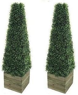 Twin Artificial Trees 3ft Pyramid Cones in wooden box stand - Indoor / outdoor artificial trees - Realistic Topiary trees