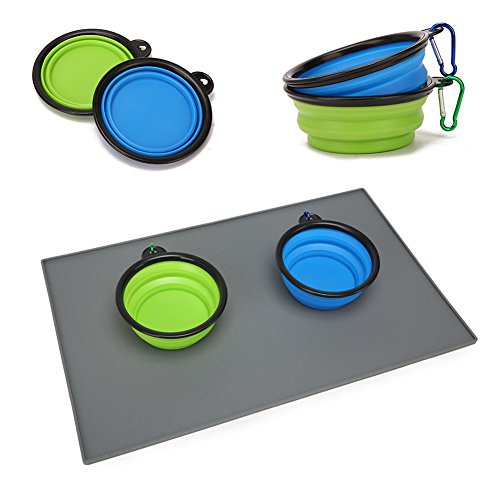 Pet Food Mat Tazón impermeable no tóxico FDA silicona de grado estera del animal doméstico con 2 paquetes de viaje plegable Alimentación cuenco para perros y gatos