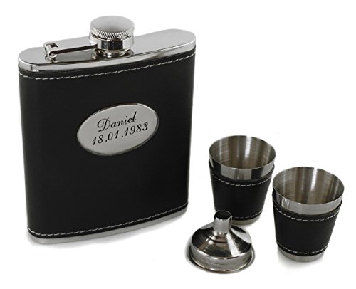 Flachmann 4-tlg.Set 200 ml Lederummantelung mit Wunschgravur, Wunschtext, Grafik oder Logo