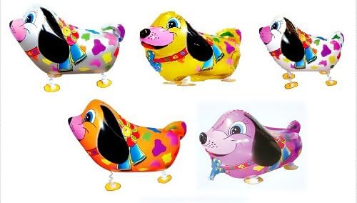 SET OF 5 COLORFUL DOG WALKING ANIMAL BALLOON PETS AIR WALKERS, MIXED
