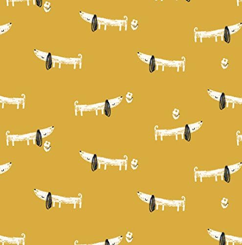 JERSEY FABRIC - Dogs Mustard Yellow DASHJ01 - By 0.5 Metre (50 cm X 150 cm) - 95% cotton, 5% elastane Stretch Jersey Knit Fabric (DASHJ01 Dogs Mustard)