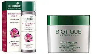 Biotique Bio Mountain Ebony Vitalizing Serum For Falling Hair Intensive Hair Growth Treatment, 120ML And Biotique Bio Papaya Revitalizing Tan Removal Scrub, 75g