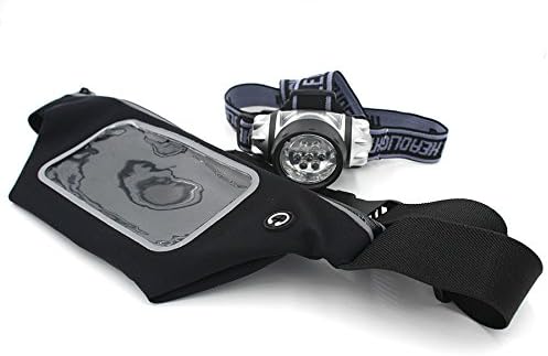 7 LED Torch Headlamp Headlight + Running Waist Belt with Touch Window and Earphone Hole Adjustable Belt for iPhone and Android Phones under 5.5 inch, Water Resistant 2 Modes Head Safety Lamp Flash Light Torch For Cycling Camping Hiking Fishing Climbing Mountain Biking Running Kit With 3 x 1.5V AAA Batteries Black