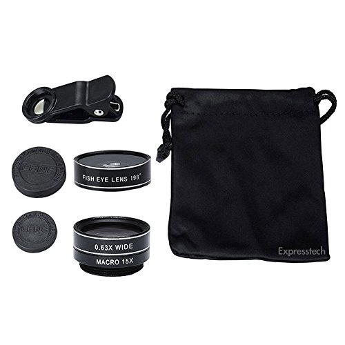 Expresstech @ 3 in 1 Lenti fotocamera Clip On Kit Lente fotografiche 198 Gradi Lenti Fish Eye + 0.63X Lente Grandangolo + 15x Obiettivo Macro per Cellulari iPhone 7 7 Plus iPhone 6S 6s Plus iPhone6 6 Plus Samsung Sony HTC LG Huawei e Altri Smartphone con una telecamera piatta