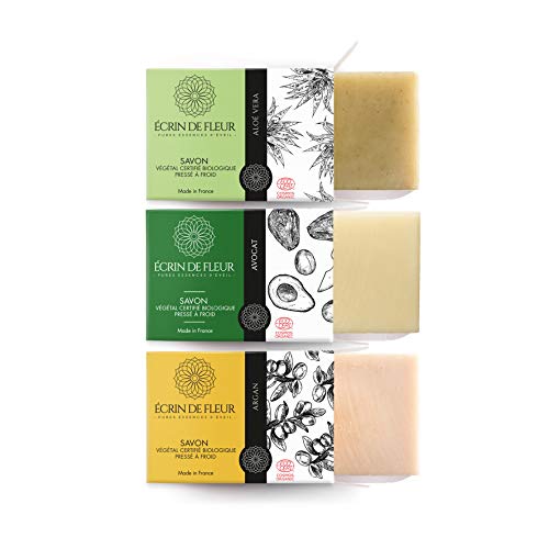 Écrin De Fleur - 3 Pastillas Jabón Certificados Orgánicos por Ecocert - Aloe Vera, Argán, Aguacate - Saponificación en Frio - Hecho a Mano - 100% Natural, Vegano - sin Aceite de Palma - 3 x 100g