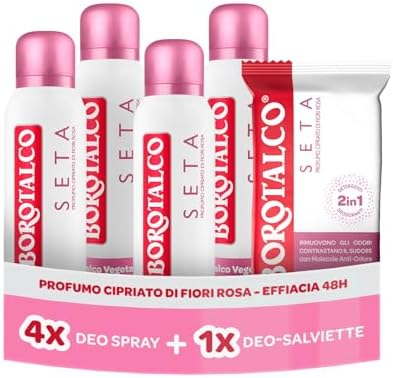 Borotalco, Deodorante Spray Seta 4x150ml, Deo-Salviette Seta 2in1