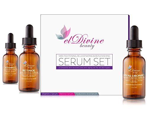 Eldivine Beauty Set De Suero | RETINOL 2.5%, VITAMINA C 20% y ÁCIDO HIALURÓNICO (1 oz cada uno) | Mejor Tratamiento Para las Arrugas, Líneas Finas, Manchas, Acné & Cicatrices | Set Antienvejecimiento