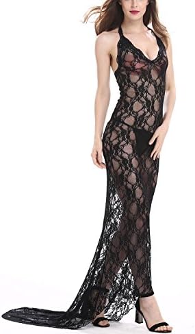 YRYMQU Large size low-cut long dress Lace Transparent suspenders halter Sexy Lingerie Temptation pajamas , black