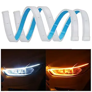 Cloudsale 60 CM Flexible White DRL Light For Cars & Bikes Yellow Indicator with Turn Sequential Flow (60 cm, Set of 2 Pieces)