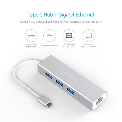 AIFFECT Aluminum USB-C To 3-Port USB 3.0 Hub with Ethernet Adapter For USB Type-C Devices Including The New MacBook 2016, ChromeBook Pixel And More – Silver - 2
