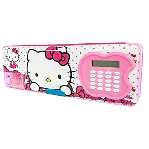 IZU Multipurpose Magnetic Pencil Box with Calculator, Dual Sharpener, for Girls & Boys for School, Big Size Cartoon Printed Pencil Case for Kids. (Kitty)..