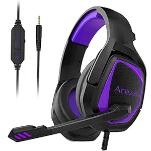 Anivia MH602 Gaming Headset with Microphone for PS4 PS5 Xbox PC Wired Surround Sound Headphones, Soft Earmuffs, Volume Control, Noise Cancelling - Black Purple