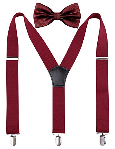 Alizeal Lisos-Tirantes con 3 Clips y Pajarita para Hombre Burdeos