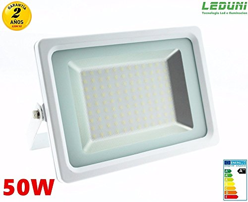 leduni spot Projecteur LED SMD SuperSlim 50 W IP 65 finition Blanc spot pour Extérieur et Intérieur Lumière blanche, 6 000 K