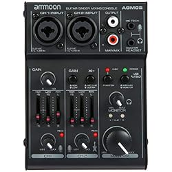 ammoon Mini Table de Mixage 2 Canaux Console de Mixage Mixeur Audio Numérique Carte Son EQ 2 Bandes Intégrées avec Alimentation Fantôme 48V et USB 5V pour Enregistrement en Studio DJ Karaoké