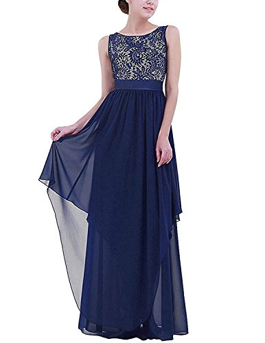 MODETREND Mujer Vestidos Fiesta Largos sin Manga de Gasa Encaje para Ceremonia Coctel Partido Vestido Elegantes de Noche (XXXL, Azul)