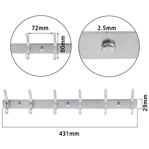Kleiderhaken, Migimi Garderobenleiste Hakenleiste Edelstahl Rostfrei Wandhaken Mit 6 Haken für die Garderobe Garderobenhaken, 43.1 x 2.9 x 8 cm (Sliver) - 6