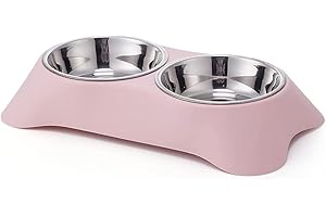 EGEN Arightmu Double Non-Slip Dog Pet Bowl Double Stainless Steel Food and Water Bowls for Dogs and Cats Raised Puppy Food and Water Bowls Non-Slip Pet Bowl (Pink-Medium)