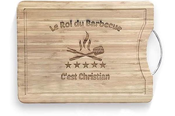 KDO MAGIC - Planche à découper personnalisée - Plateau gravé avec un prénom - Matière bambou - Poignet en acier - cadeau papa (Barbecue)